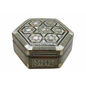 Mother of Pearl Inlaid Hexagon Trinket Box Made in Egypt Vintage Wooden Lid Box